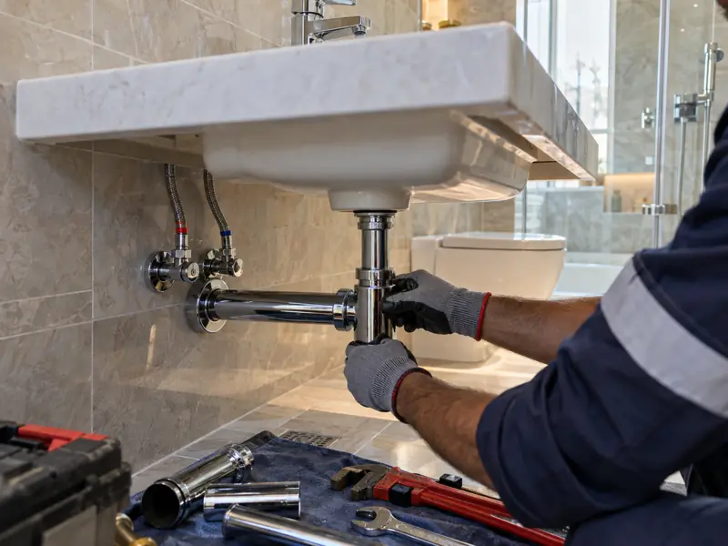 Plumber installing a bathroom basin
